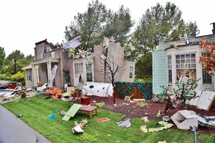 shutterstock_142581454.jpg Houses with significant storm damage and debris scattered around the yard