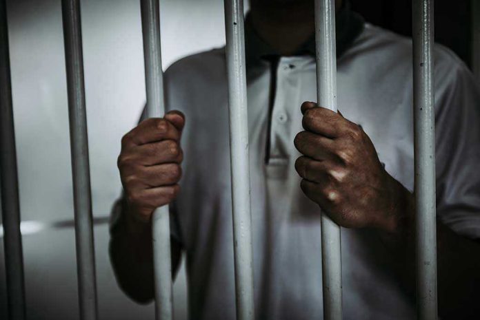 1014307000 Person holding jail cell bars tightly.