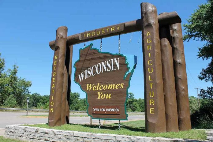 116559832 Wisconsin welcome sign with industry, agriculture, and recreation.
