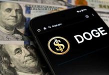 Smartphone displaying Doge logo on hundred dollar bills