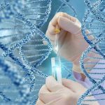 Hands with pipette and test tube surrounded by DNA strands.