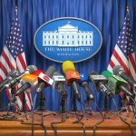 Media Warps Trump Meeting Into ‘Reality TV’ Multiple microphones at White House press briefing podium.
