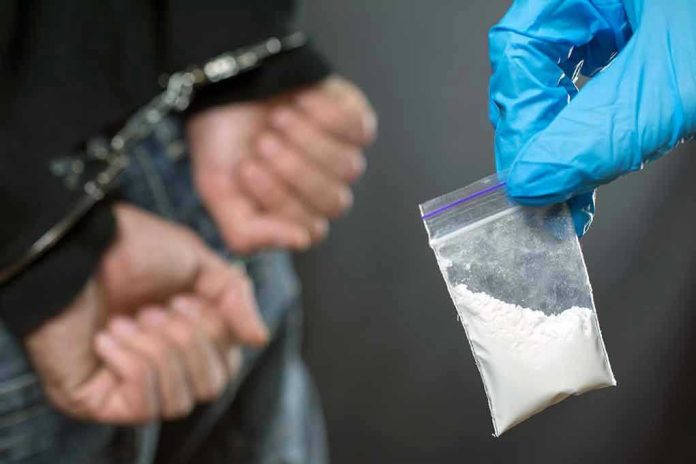 1198679785 Person handcuffed, police holding bag of white substance.