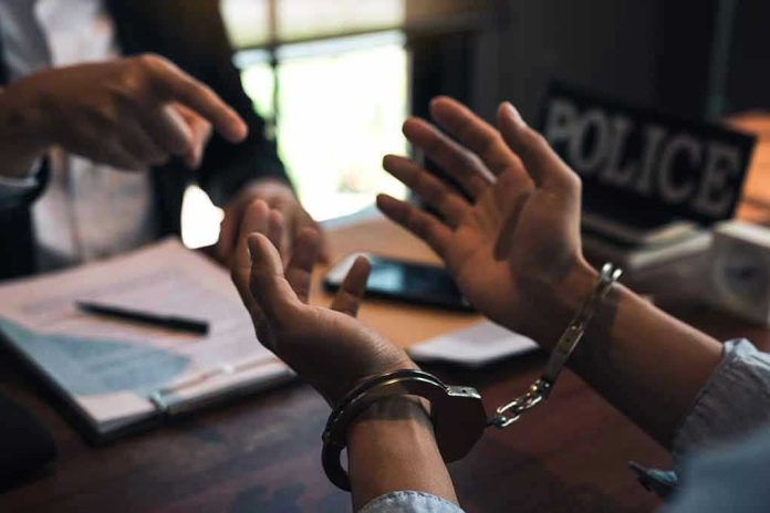 Person handcuffed in discussion with another person