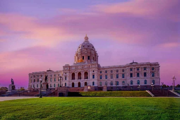 Historic building with dome under a pinkish-purple sky.