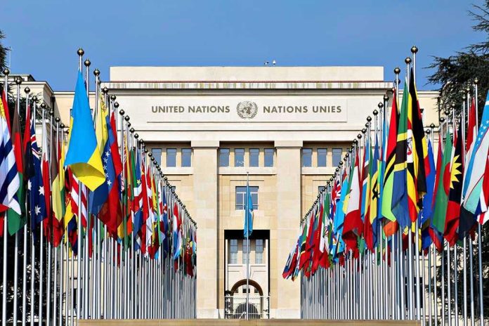 423802144 United Nations building with numerous national flags outside.