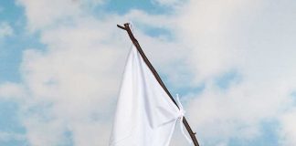 Hand holding white flag against a blue sky.