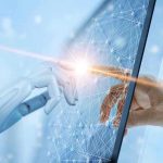 Shocking Grab: Washington Eyes OpenAI Shares Robotic and human hands touching through a screen.