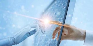 Shocking Grab: Washington Eyes OpenAI Shares Robotic and human hands touching through a screen.