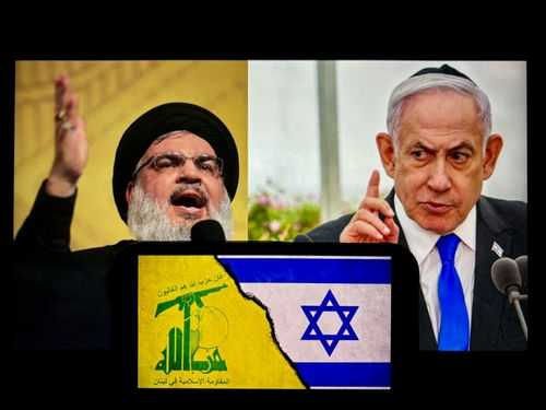 Two men with conflicting flags between them.