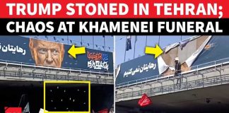 Chaos In Iran Capital: Khamenei Supporters Pelt Stones At Trump's Giant Banner During Tehran Funeral