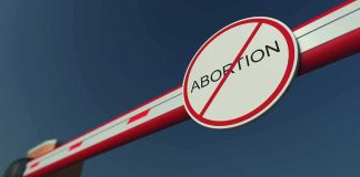 Barrier arm with no abortion sign against blue sky