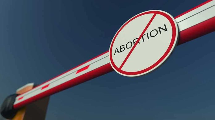 shutterstock_1052576012 Barrier arm with no abortion sign against blue sky
