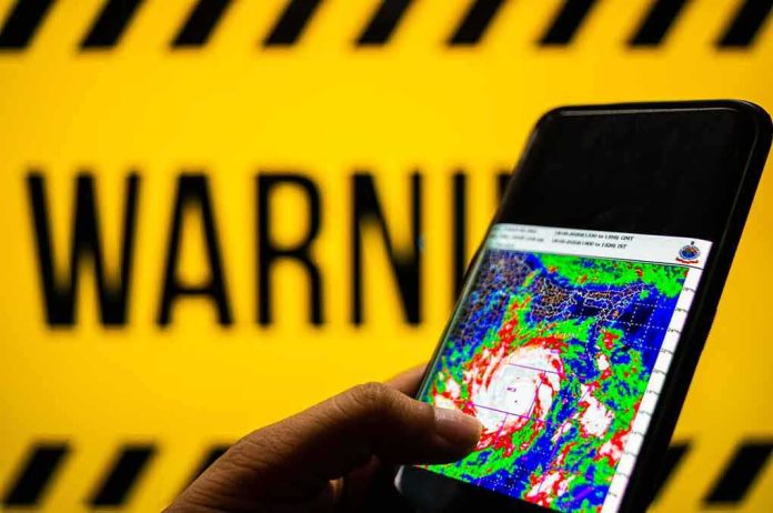 Hand holds smartphone showing cyclone radar map against warning sign