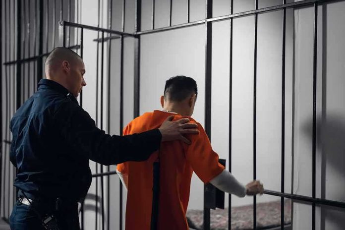 shutterstock_1814906153 Officer escorting inmate into jail cell