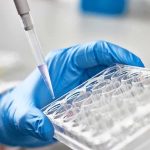 Gloved hand holding a multiwell plate as a pipette dispenses liquid