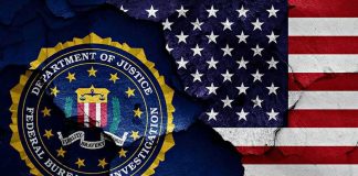 FBI seal and American flag on cracked wall