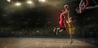 Two women playing basketball; Michelle Jenneke is not visible