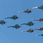 Missile Flood Exposes Airbase Fragility A formation of military jet fighters flying in a clear blue sky