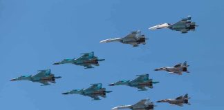 Missile Flood Exposes Airbase Fragility A formation of military jet fighters flying in a clear blue sky