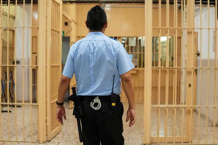 corrections officer walking through prison corridor