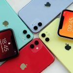 iPhones arranged in a colorful fan