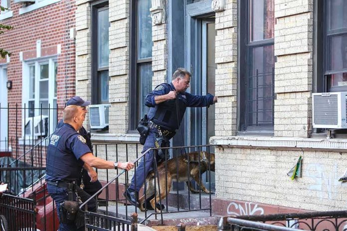 shutterstock_156304121 Police officers with a K-9 approach an apartment doorway