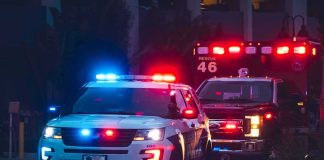 Fiery News Chopper Crash Stuns L.A. Police SUV and ambulance with flashing lights at night