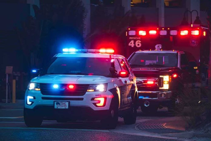 Police SUV and ambulance with flashing lights at night