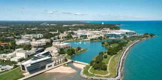 aerial view of a lakeside university campus with lagoon and curved shoreline