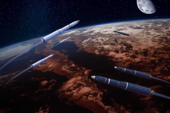 shutterstock_2060933069 Multiple rockets streak above Earth with the Moon in the background