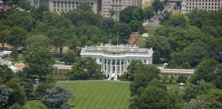 White House south lawn with fountain and surrounding trees