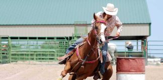 Barrel racer guiding a horse around a barrel in an arena