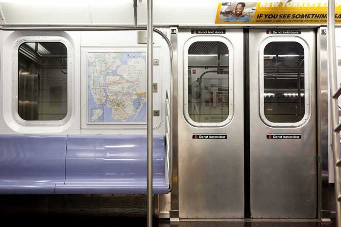 Subway car interior with stainless doors and empty blue bench