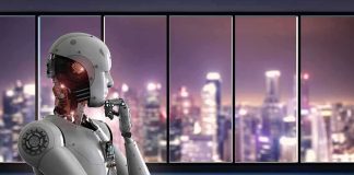The Age Of Robot Mass Production Is Here Humanoid robot thinking by window overlooking blurred city skyline