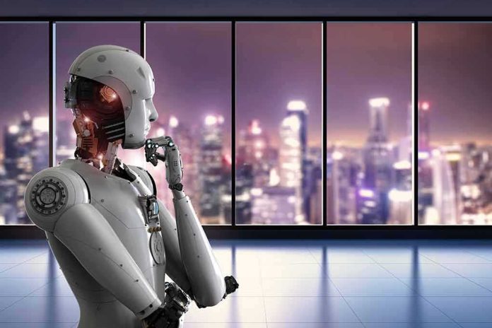 Humanoid robot thinking by window overlooking blurred city skyline