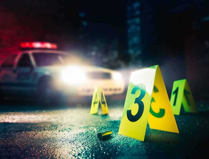 crime scene markers on wet street with police car lights