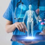 Scary Twist: Bot Guides Care, Lawyers Salivate Healthcare professional uses tablet with medical holograms
