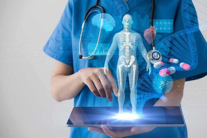 shutterstock_736694506 Healthcare professional uses tablet with medical holograms