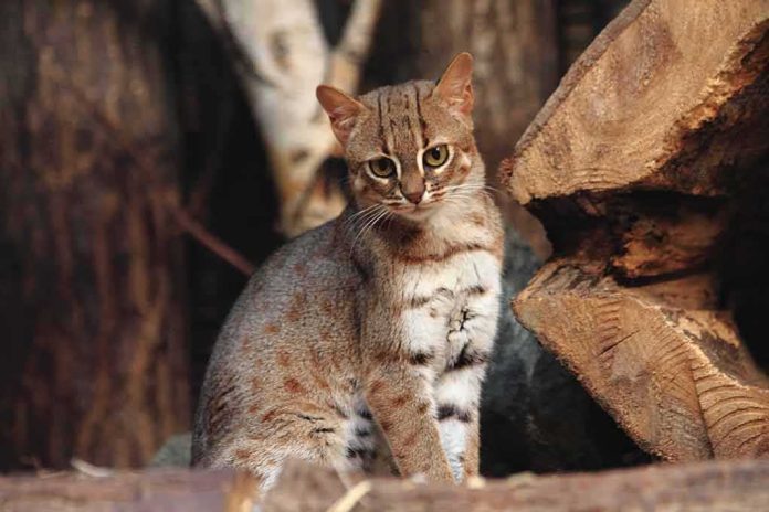 small spotted wildcat standing among tree logs