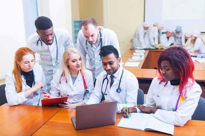 shutterstock_1034637484 Group of medical students collaborating around a laptop