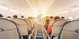 Airline Chaos: Actress Detained After Bloody Bite airplane cabin with passengers seated in economy class