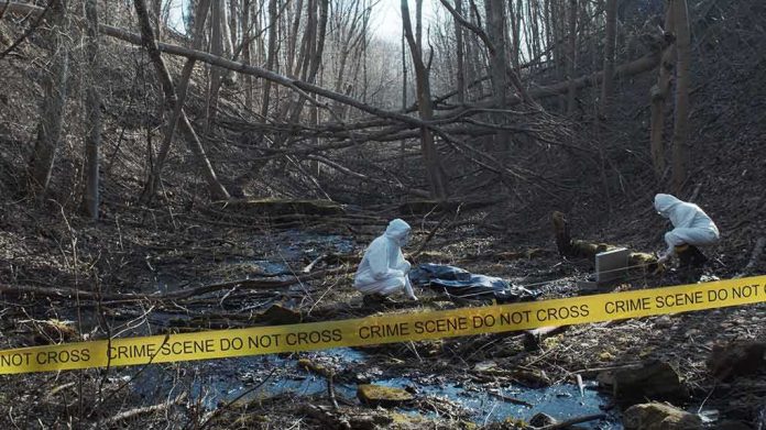 forensic investigators at a taped-off woodland crime scene