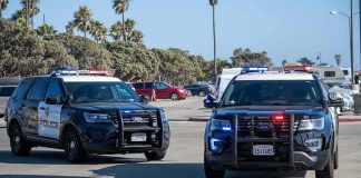 Shoplift Call, Baby Dead – Then Resignations Two police SUVs with lights on in a coastal parking lot