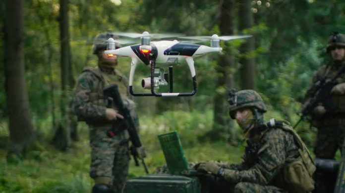 quadcopter drone hovering near soldiers in a forest